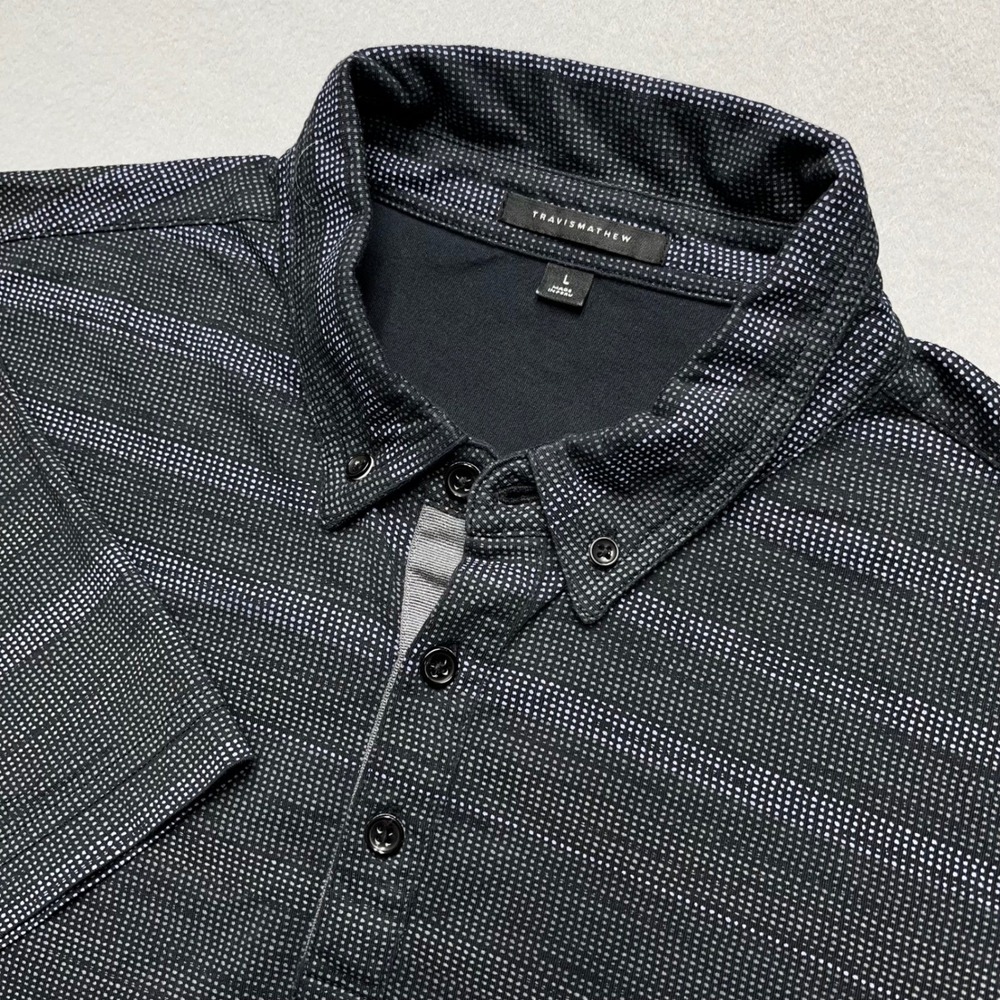 New TravisMathew Polo Shirt Large Black Gray AOP Golf Performance Button Collar